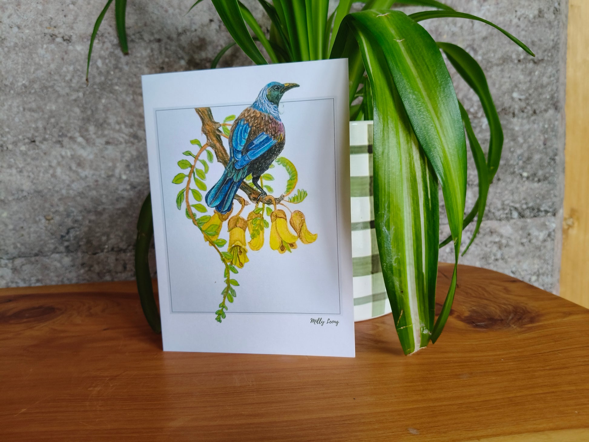 Tui on a kowhai branch greeting card by Milly at the Stripey Caterpillar.