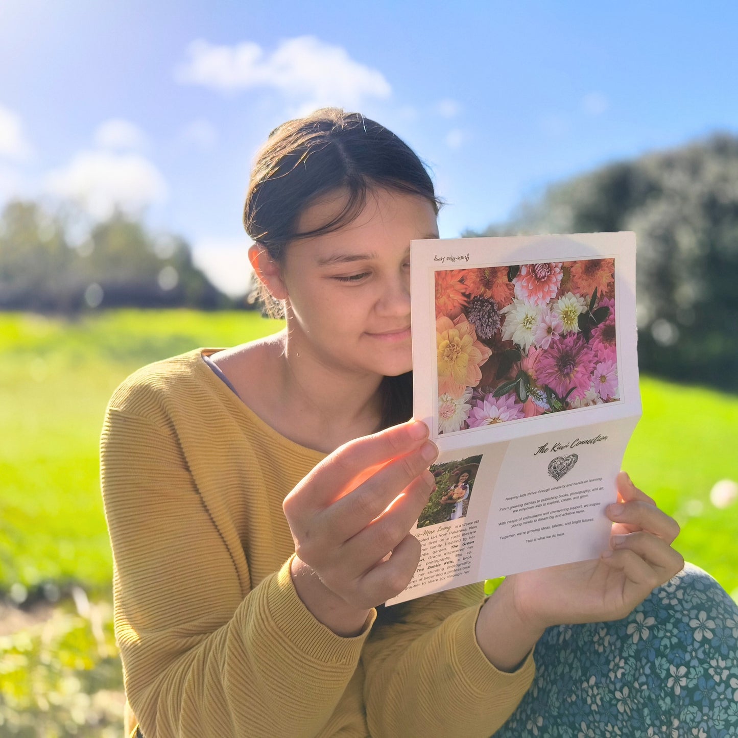 Greeting card featuring big pink dahlia flatlay by Gracie-Mae – blank inside
