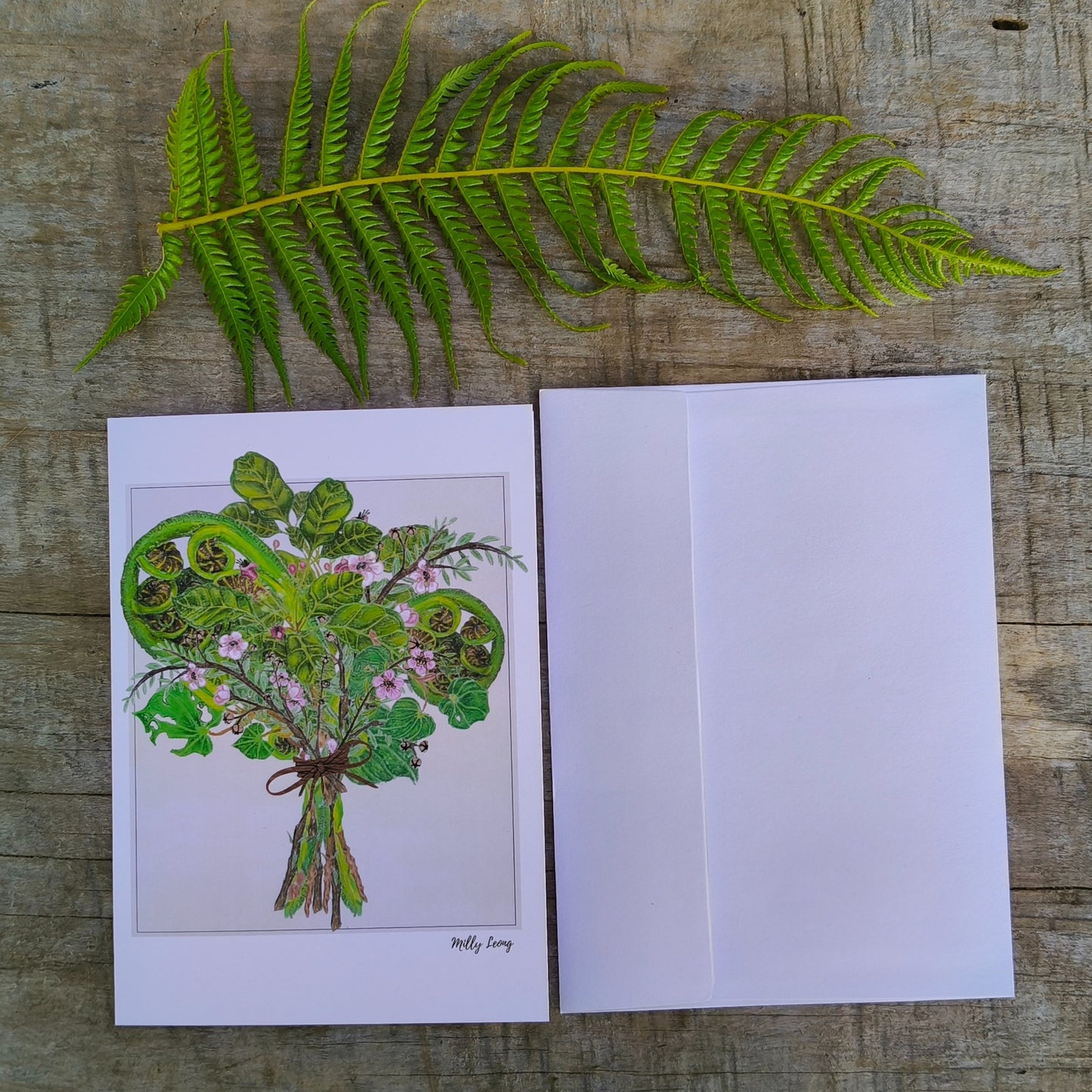 Hand-drawn native leaf bouquet greeting card by Milly – blank inside