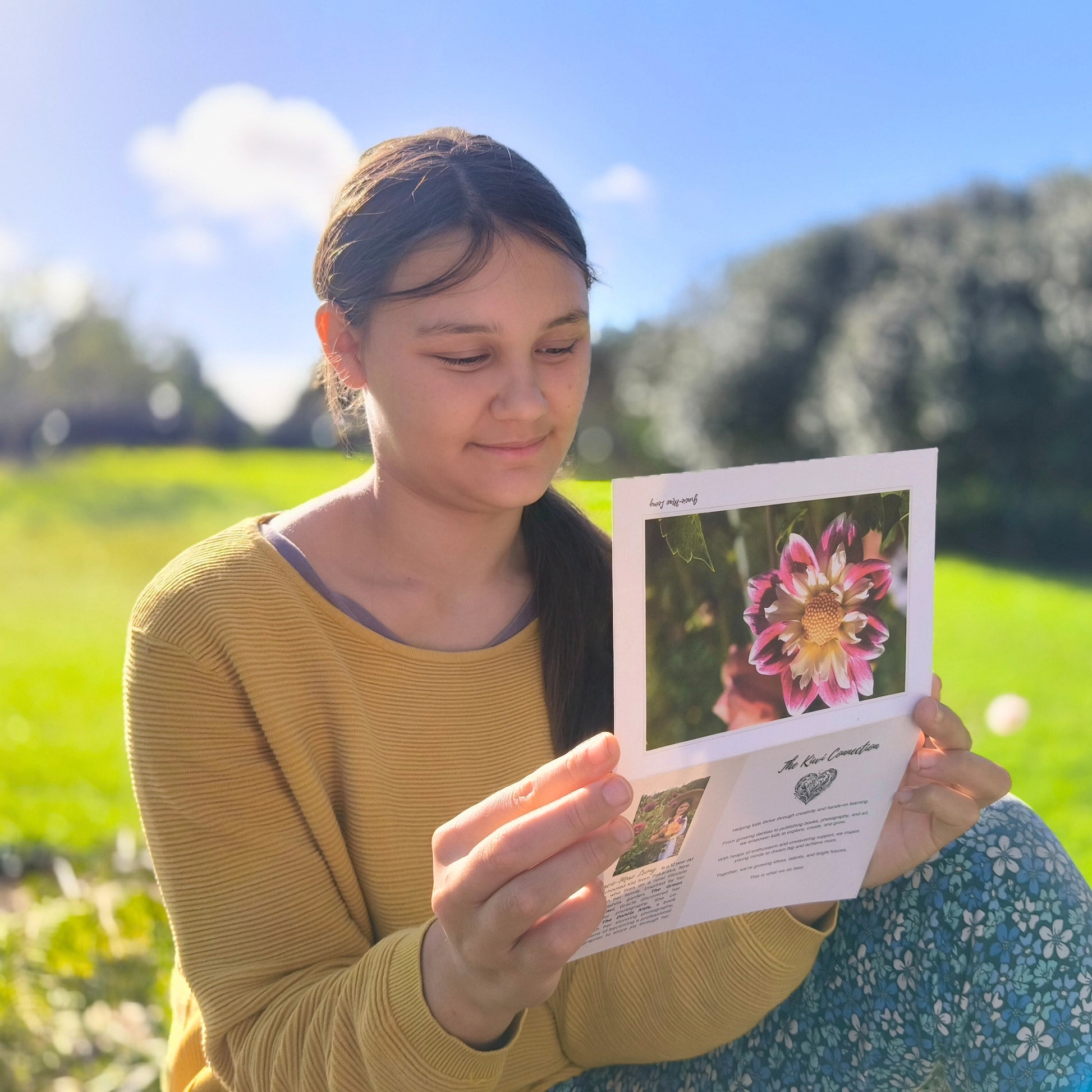 Greeting card featuring pink collarette dahlia photography by Gracie-Mae – blank inside