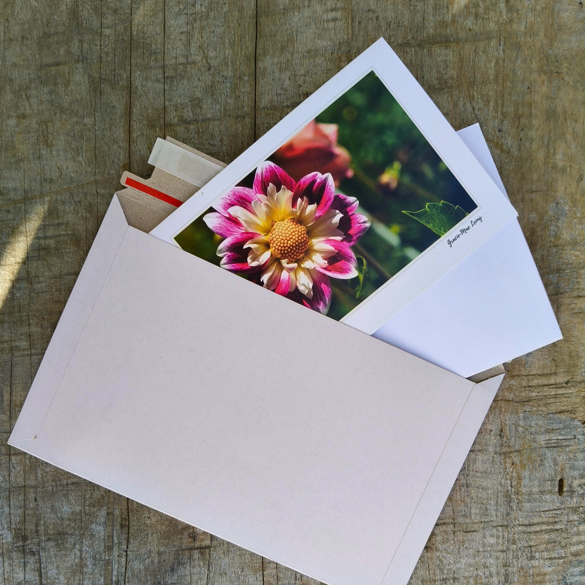 Greeting card featuring pink collarette dahlia photography by Gracie-Mae – blank inside