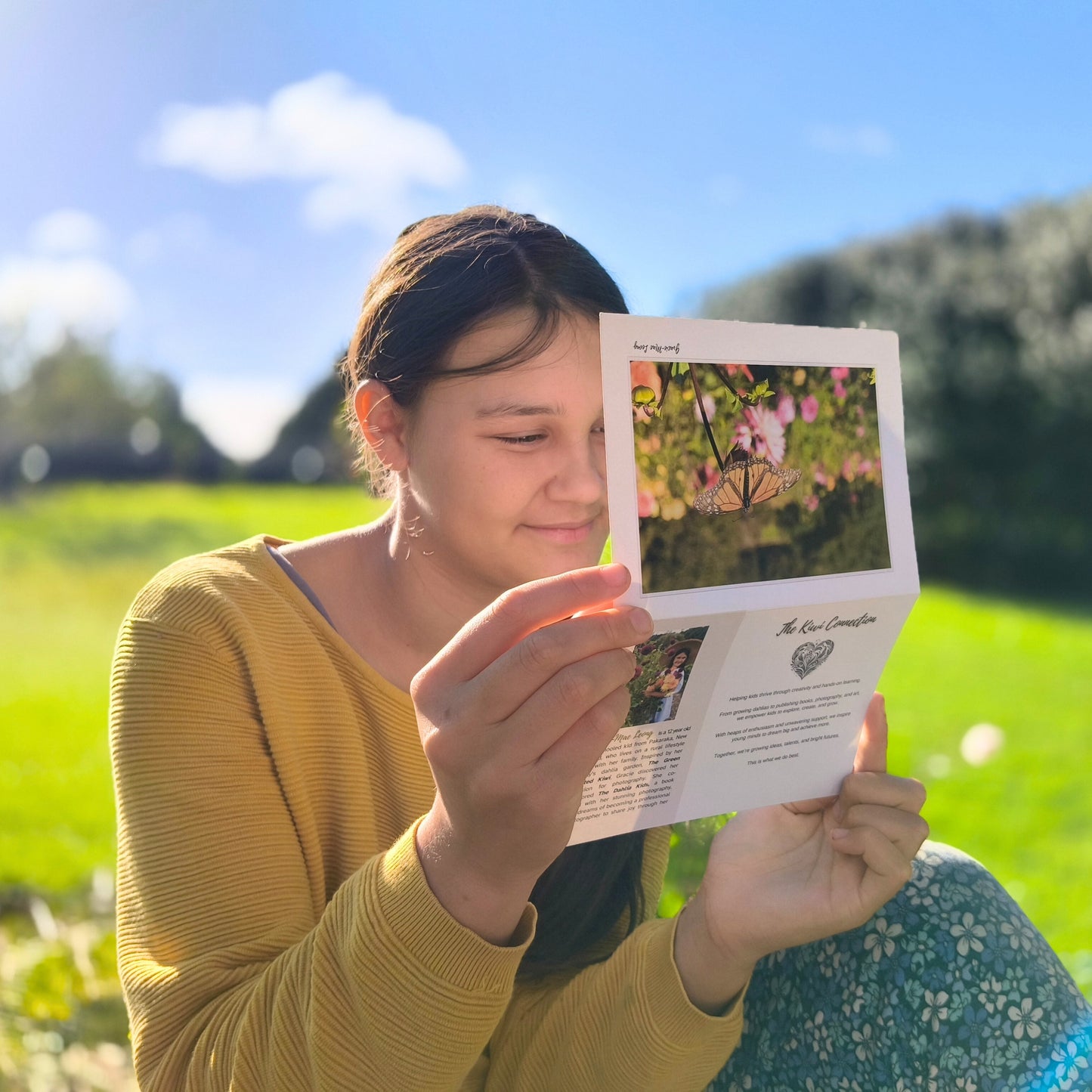 Greeting card featuring monarch butterfly on dahlia bud photography by Gracie-Mae – blank inside