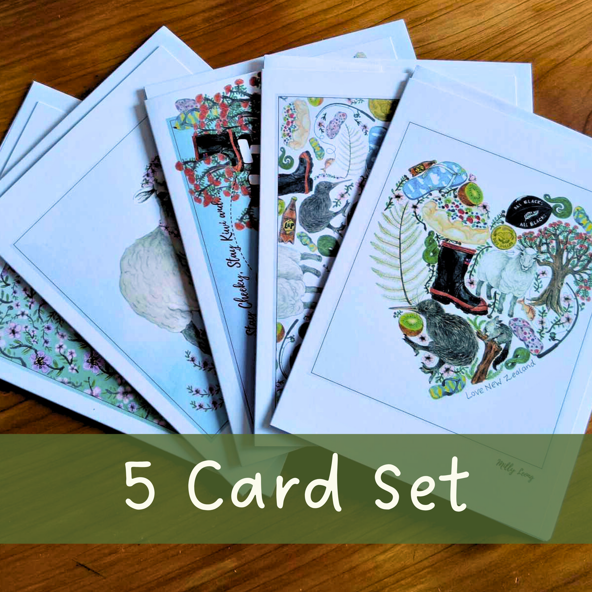 Set of five Kiwiana greeting cards featuring hand-drawn designs by Milly – blank inside