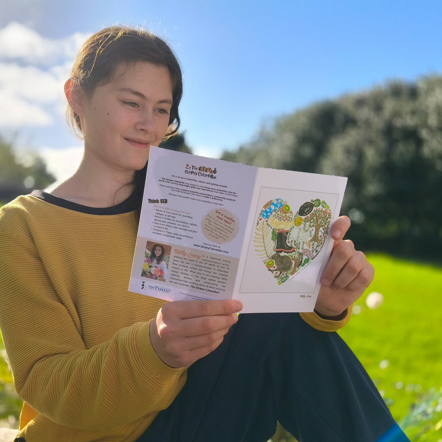 Hand-drawn Kiwiana heart greeting card by Milly – blank inside