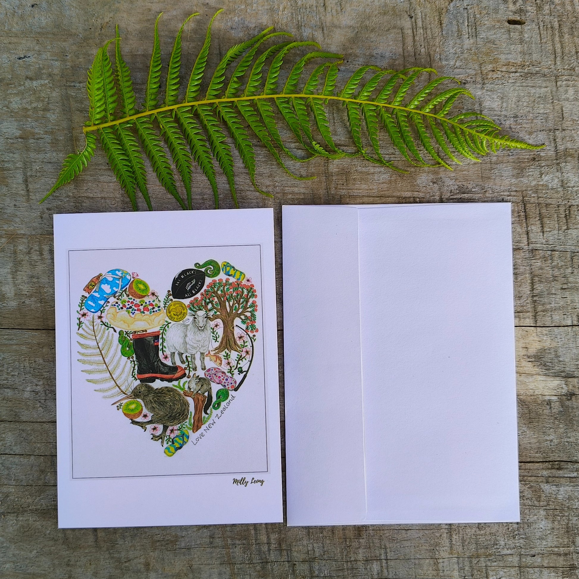 Hand-drawn Kiwiana heart greeting card by Milly – blank inside