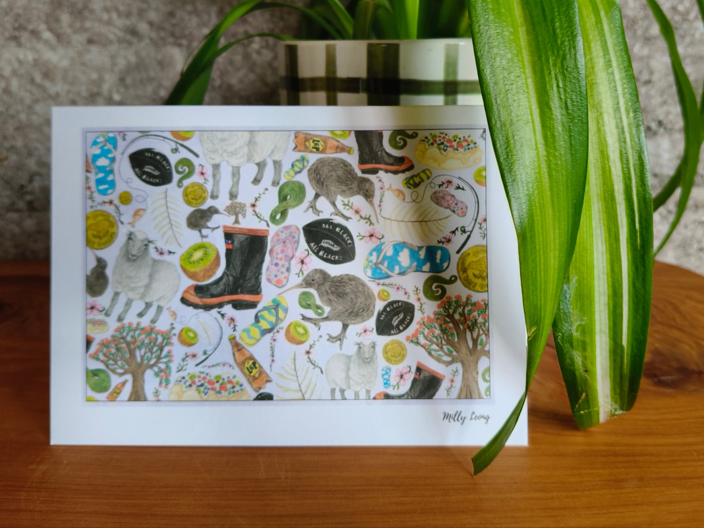 Hand-drawn Kiwiana flatlay greeting card by Milly – blank inside