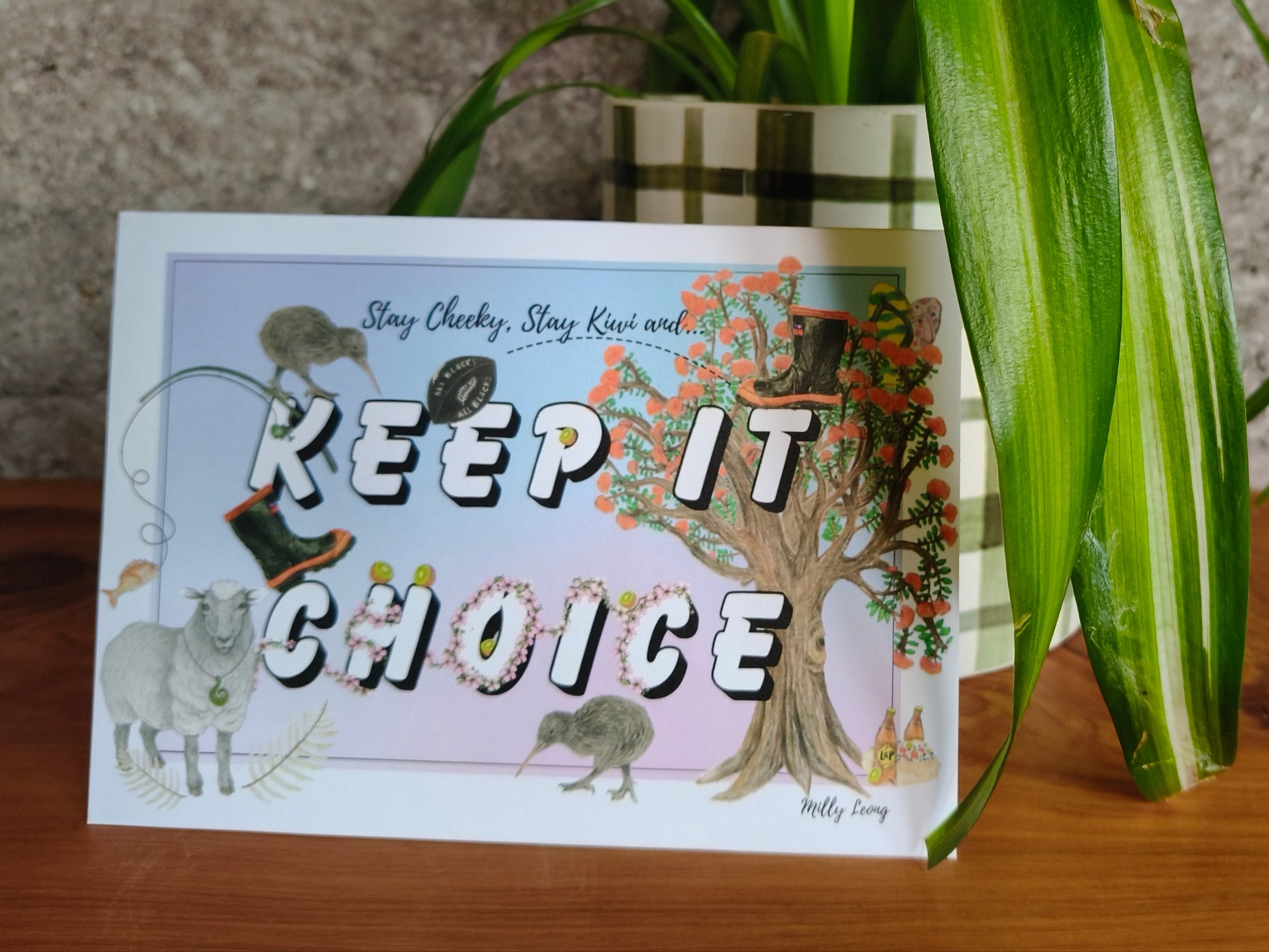 Hand-drawn ‘Keep it Choice’ Kiwiana greeting card by Milly – blank inside