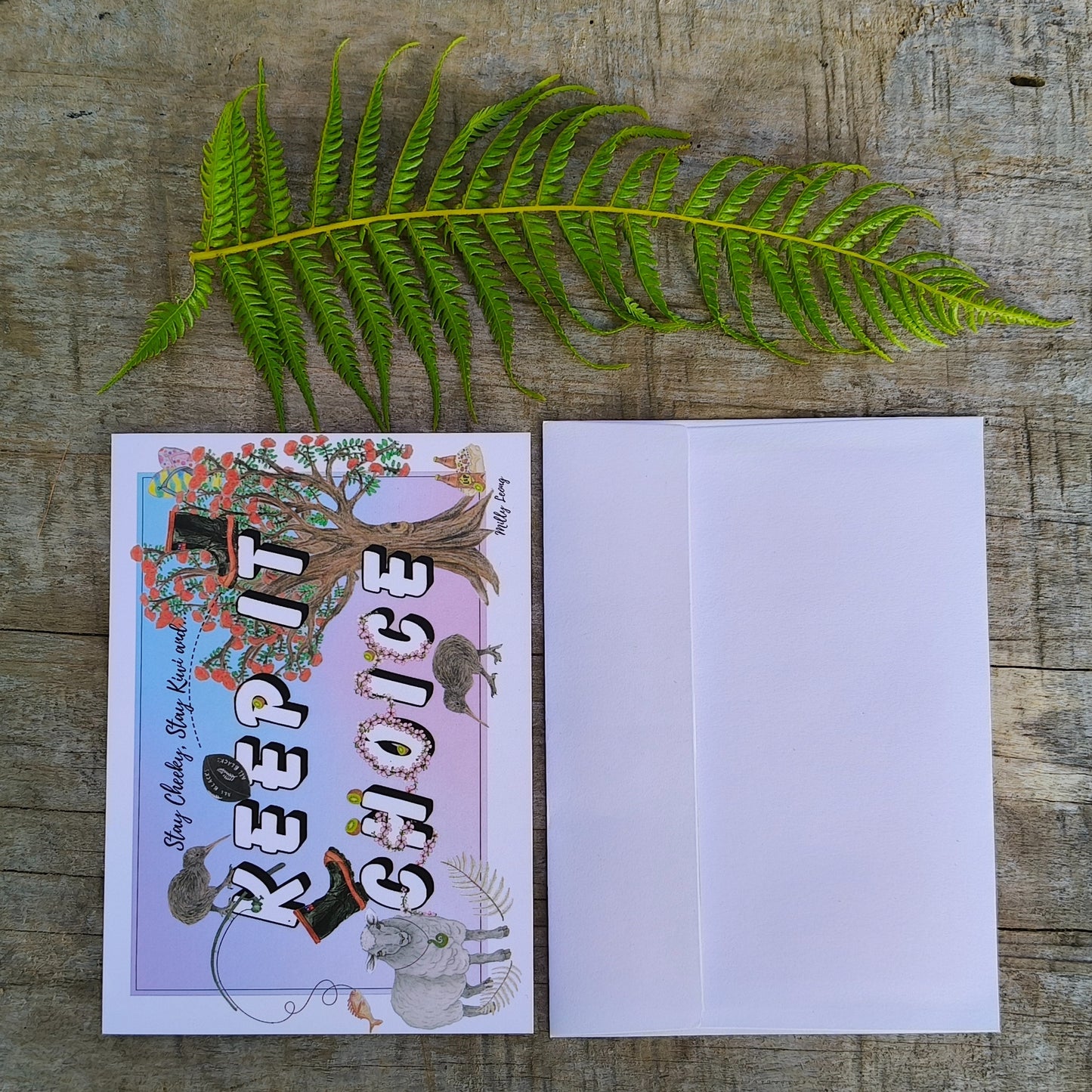 Hand-drawn ‘Keep it Choice’ Kiwiana greeting card by Milly – blank inside