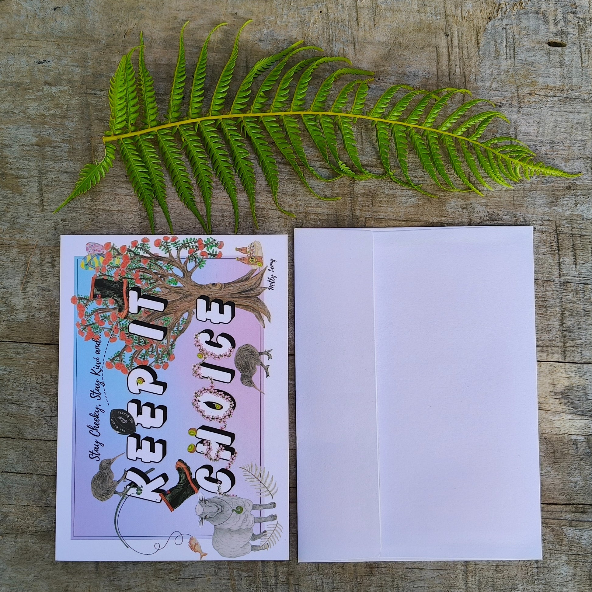 Hand-drawn ‘Keep it Choice’ Kiwiana greeting card by Milly – blank inside