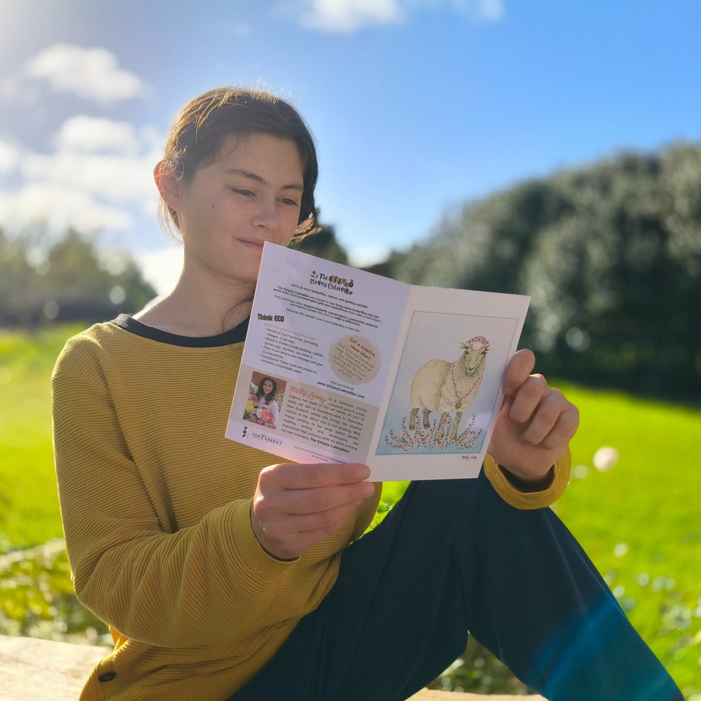 Hand-drawn sheep Kiwiana greeting card by Milly – blank inside