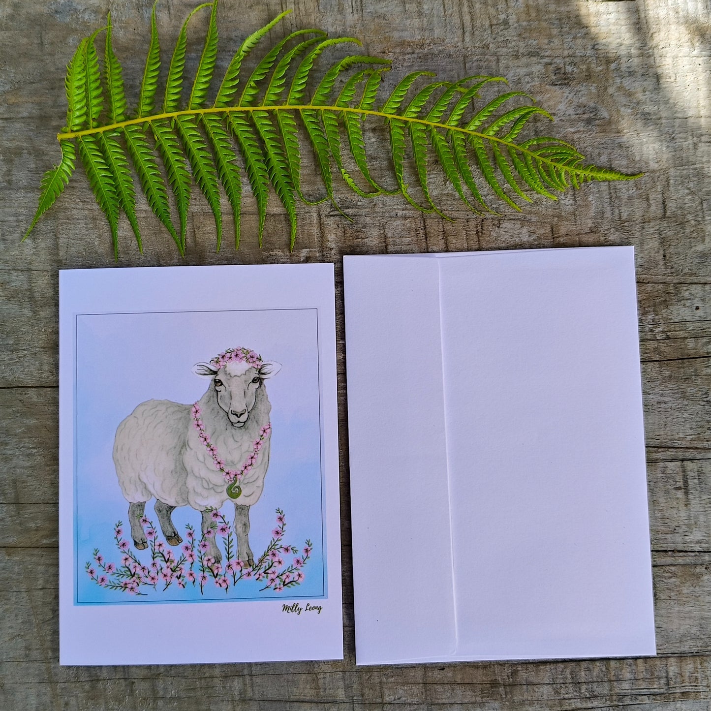 Hand-drawn sheep Kiwiana greeting card by Milly – blank inside