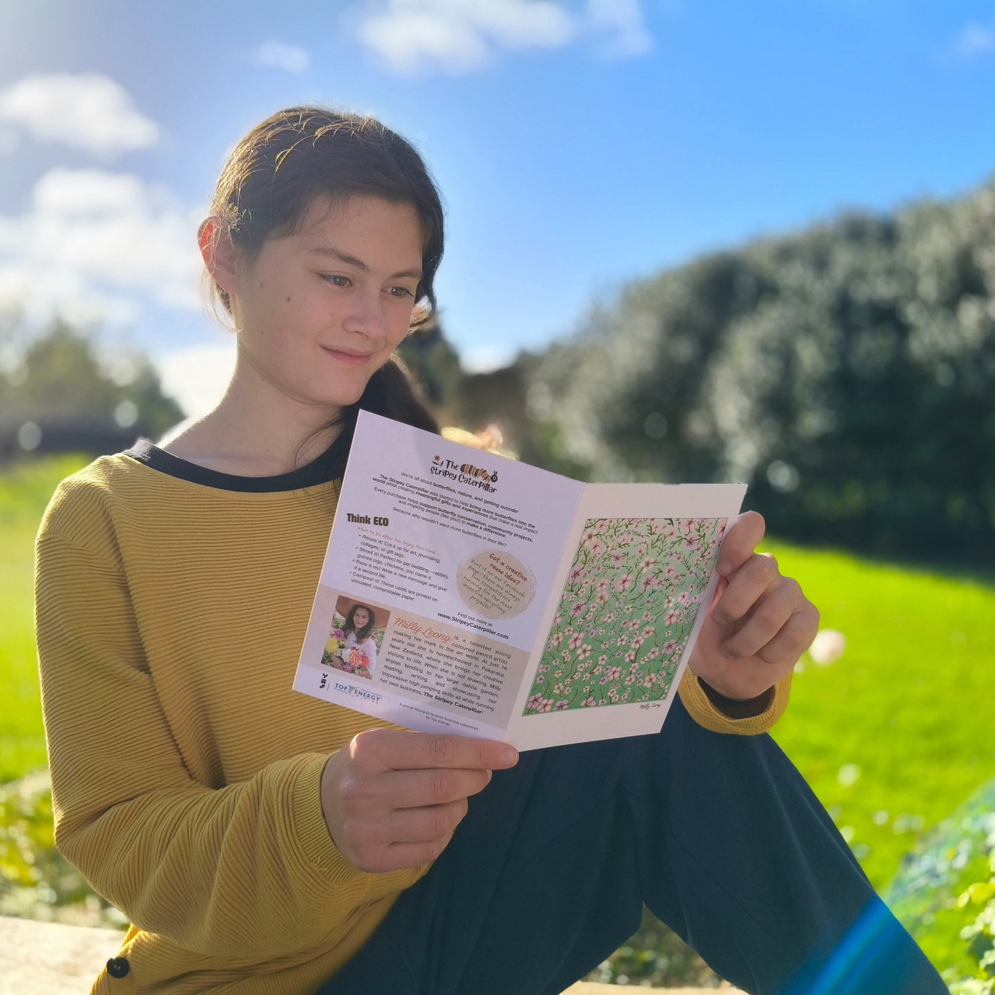 Hand-drawn mānuka flower Kiwiana greeting card by Milly – blank inside