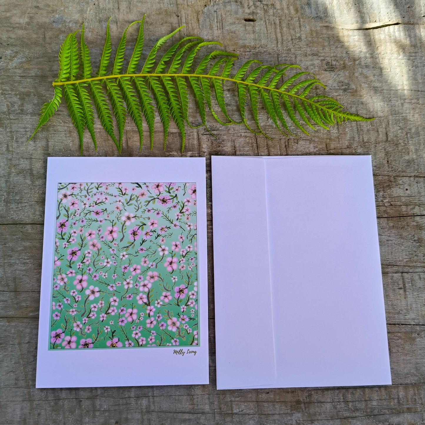 Hand-drawn mānuka flower Kiwiana greeting card by Milly – blank inside