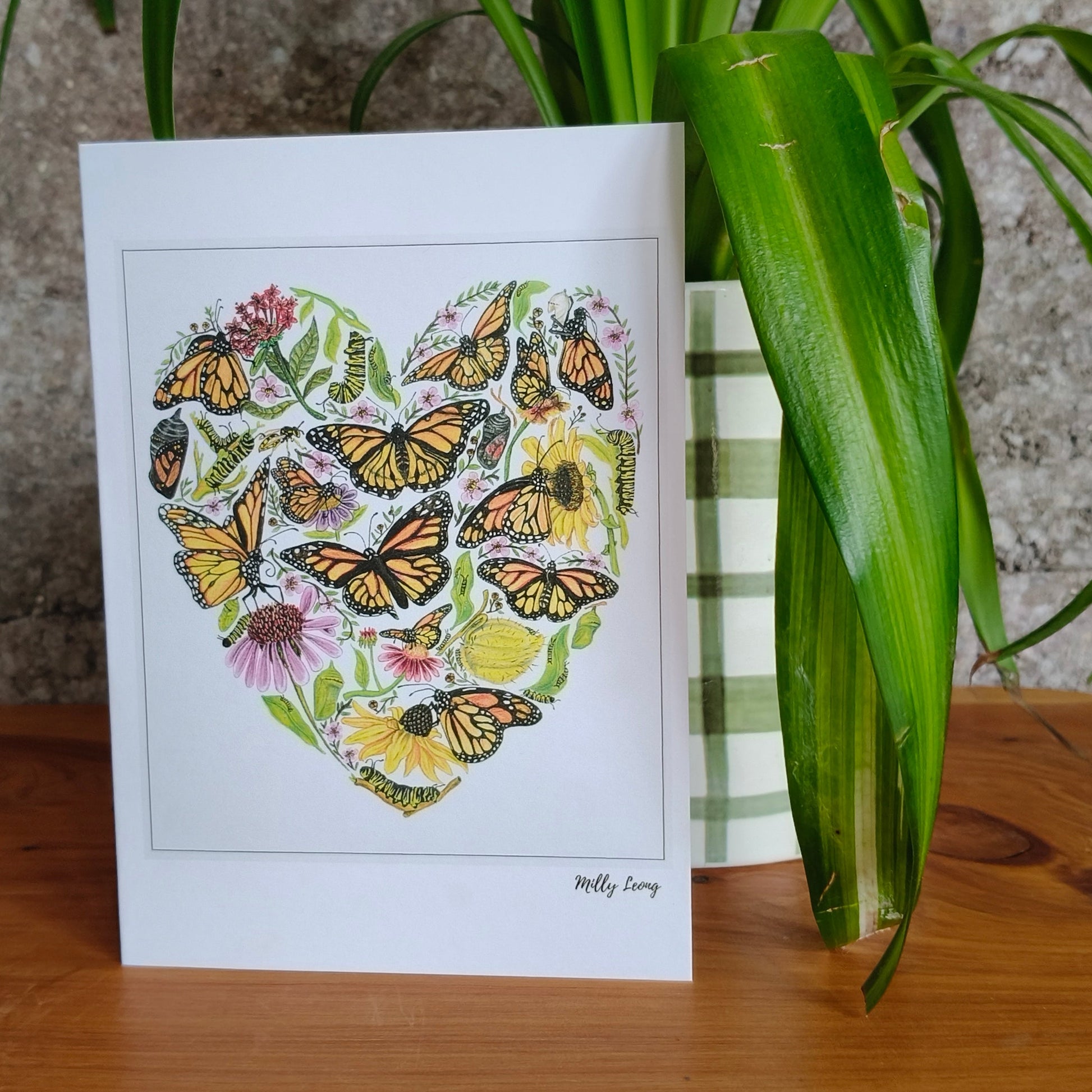 Hand-drawn butterfly heart greeting card by Milly – blank inside