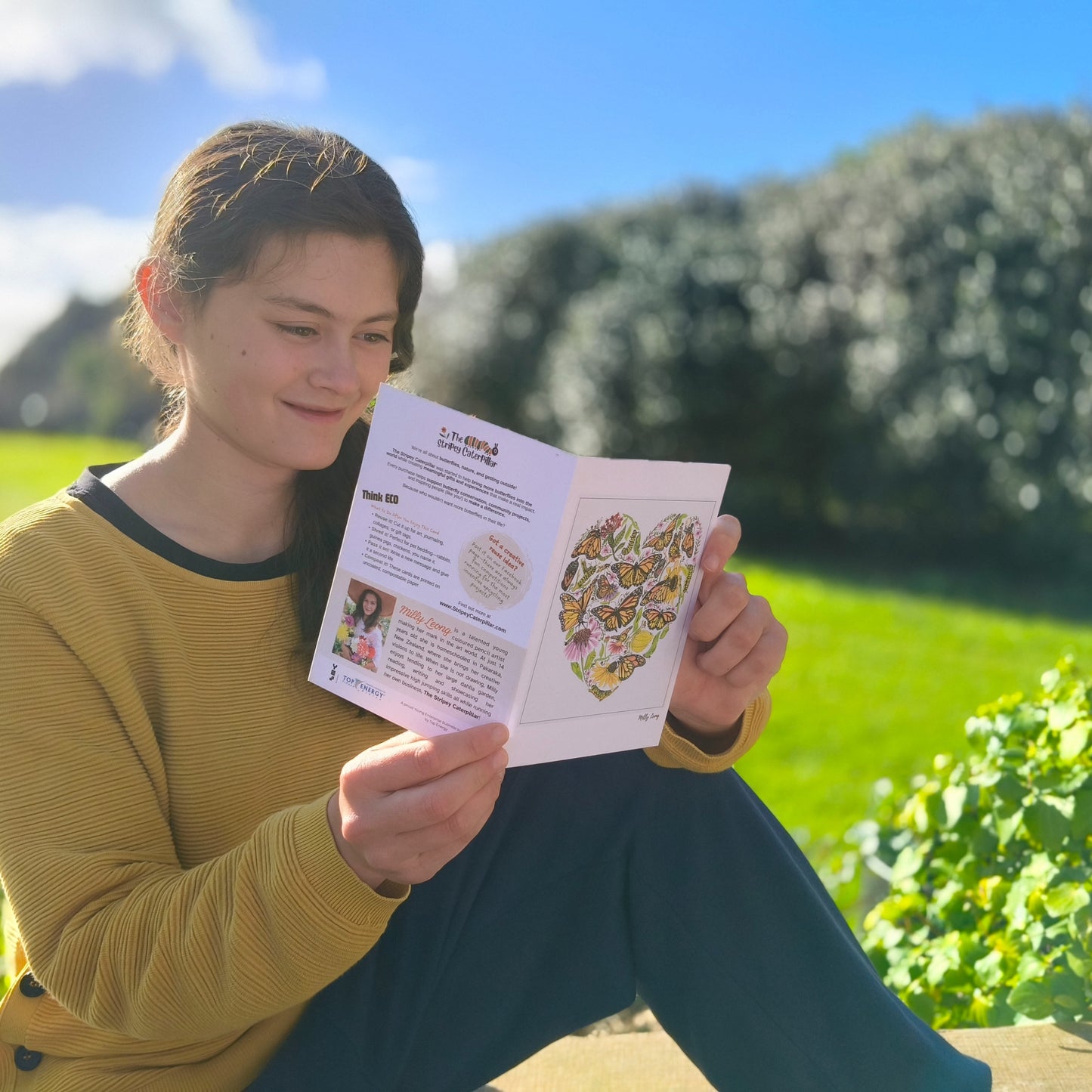 Hand-drawn butterfly heart greeting card by Milly – blank inside