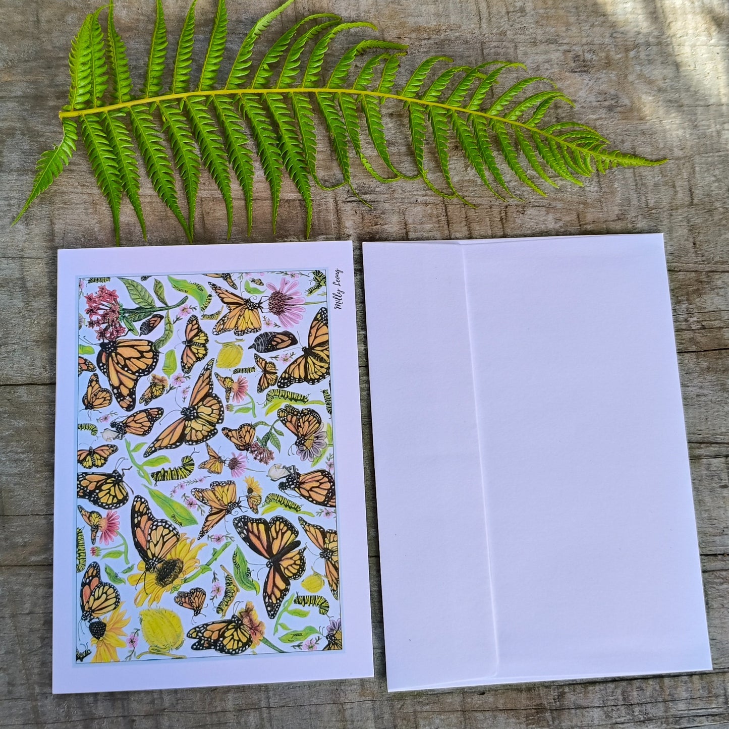 Hand-drawn butterfly flatlay greeting card by Milly – blank inside