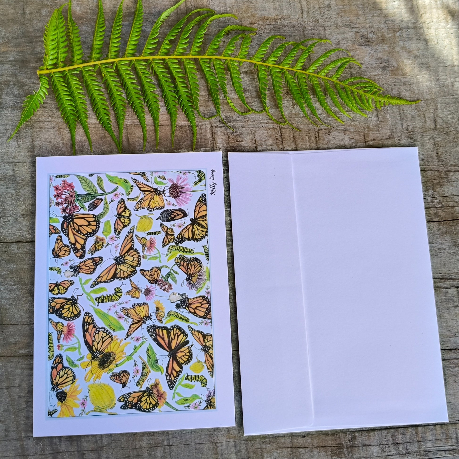 Hand-drawn butterfly flatlay greeting card by Milly – blank inside