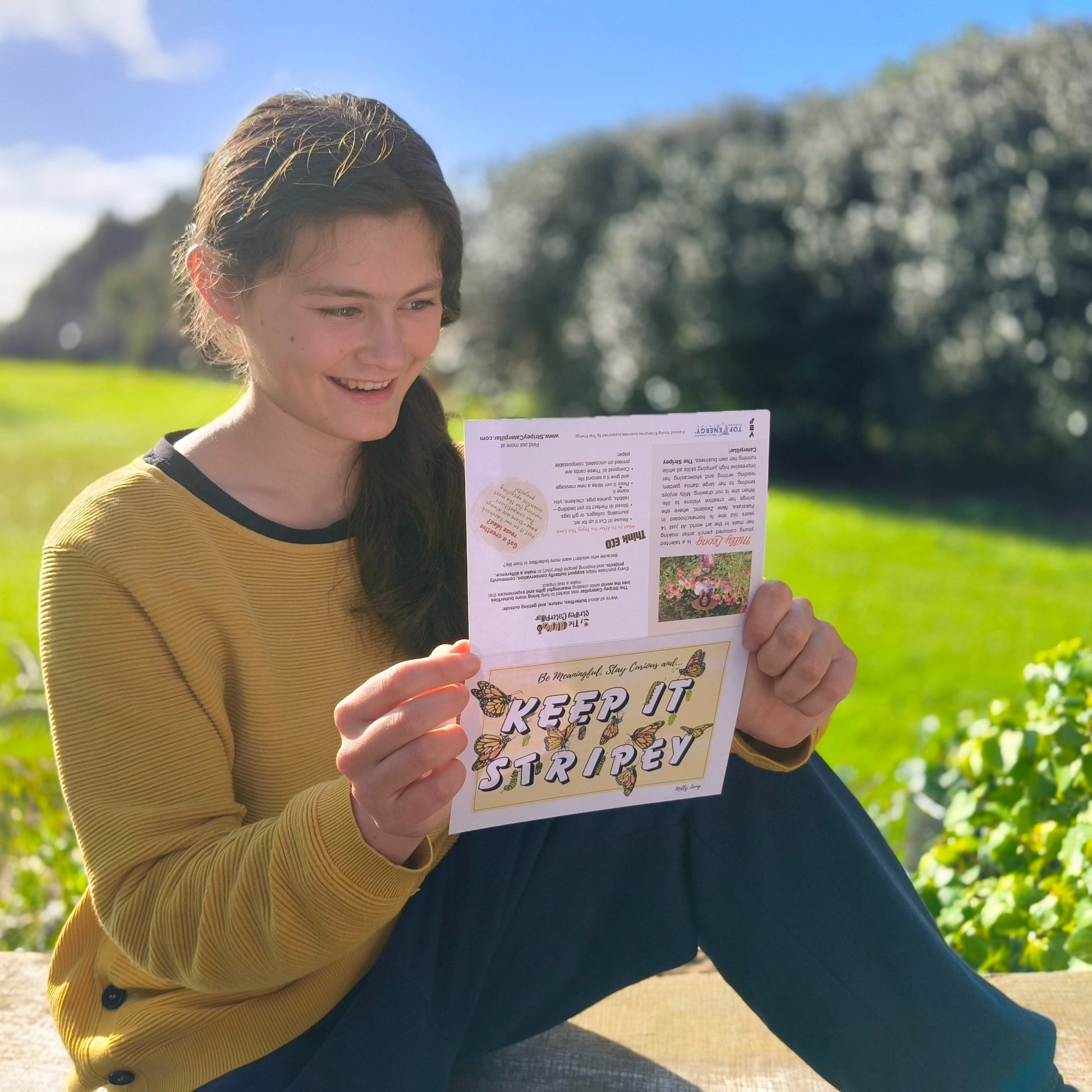 Hand-drawn ‘Keep it Stripey!’ butterfly greeting card by Milly – blank inside