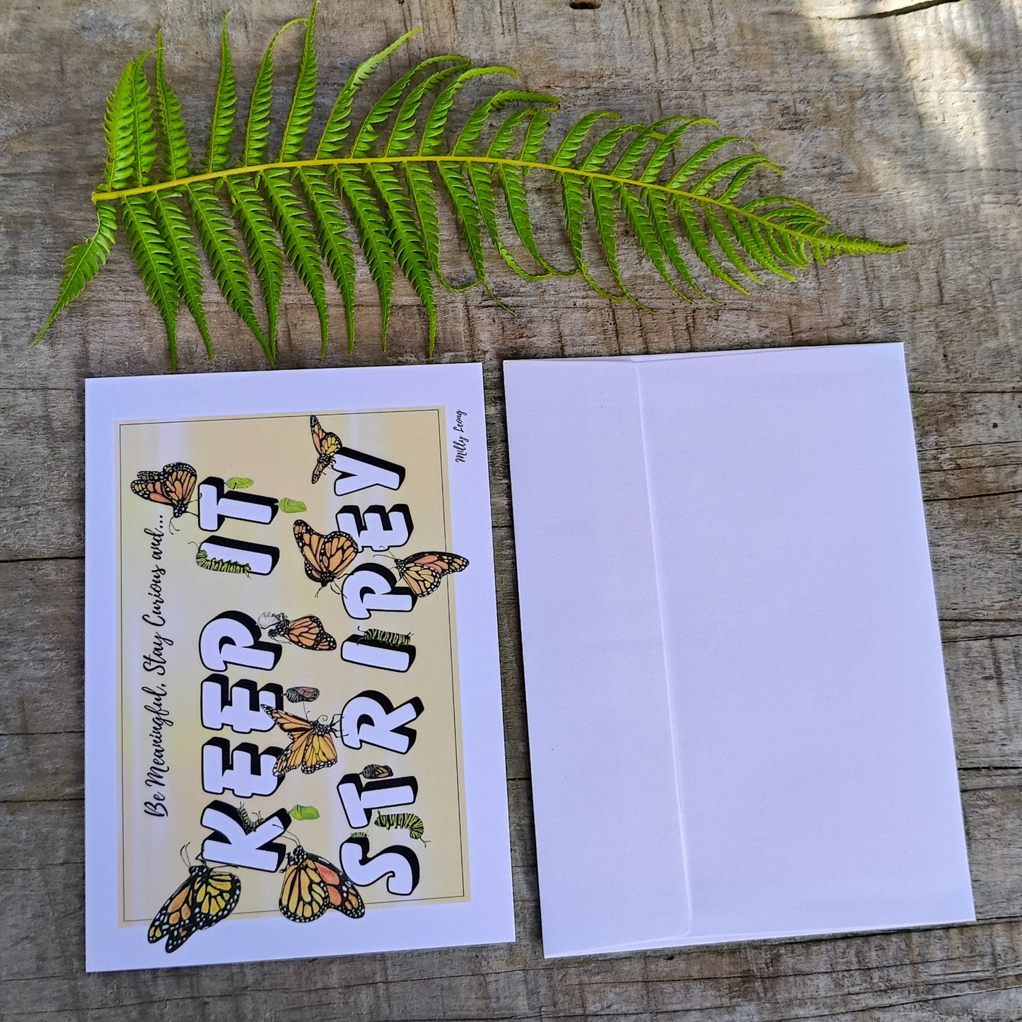 Hand-drawn ‘Keep it Stripey!’ butterfly greeting card by Milly – blank inside