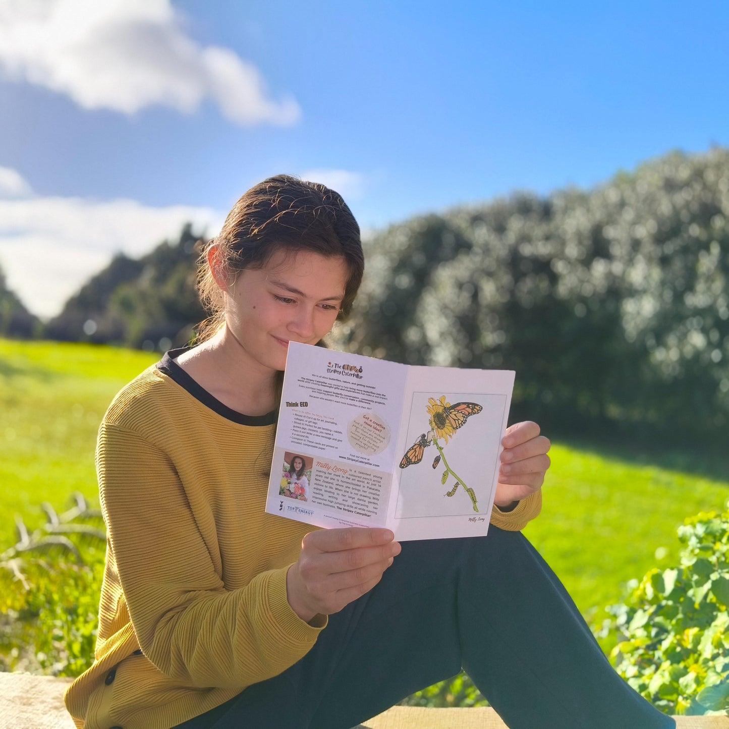 Hand-drawn butterfly life cycle greeting card by Milly – blank inside