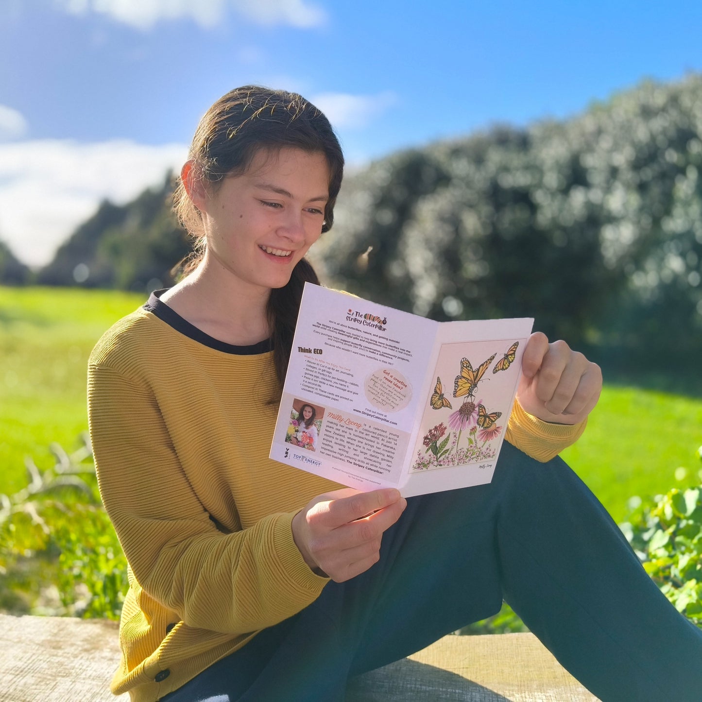 Hand-drawn three butterflies and flower greeting card by Milly – blank inside