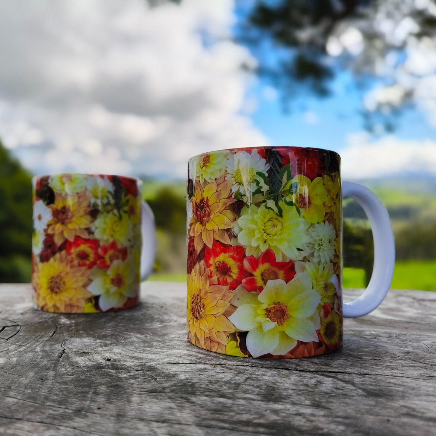 A bright cheeful floral mug with sunny dahlias wrapping all around it bred and photographed by Gracie-Mae Photography.