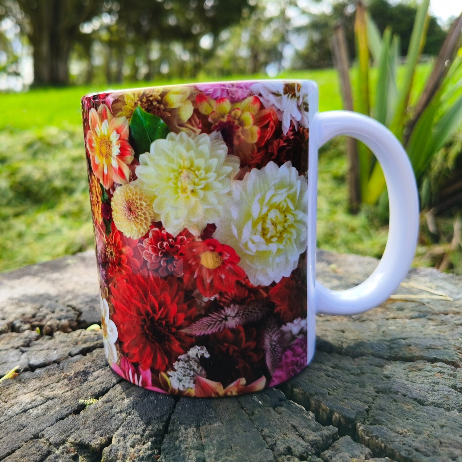 A colourful mug flly wrapped in unique dahlias of all kinds by Gracie-Mae Photography.