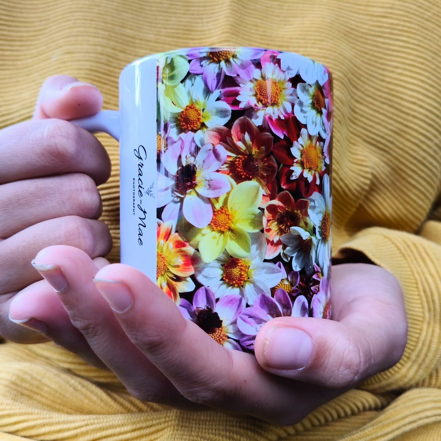 A stunning mug fully wrapped in one-of-a-kind collarette dahlias bred, grown and photographed by Gracie-Mae Photography.