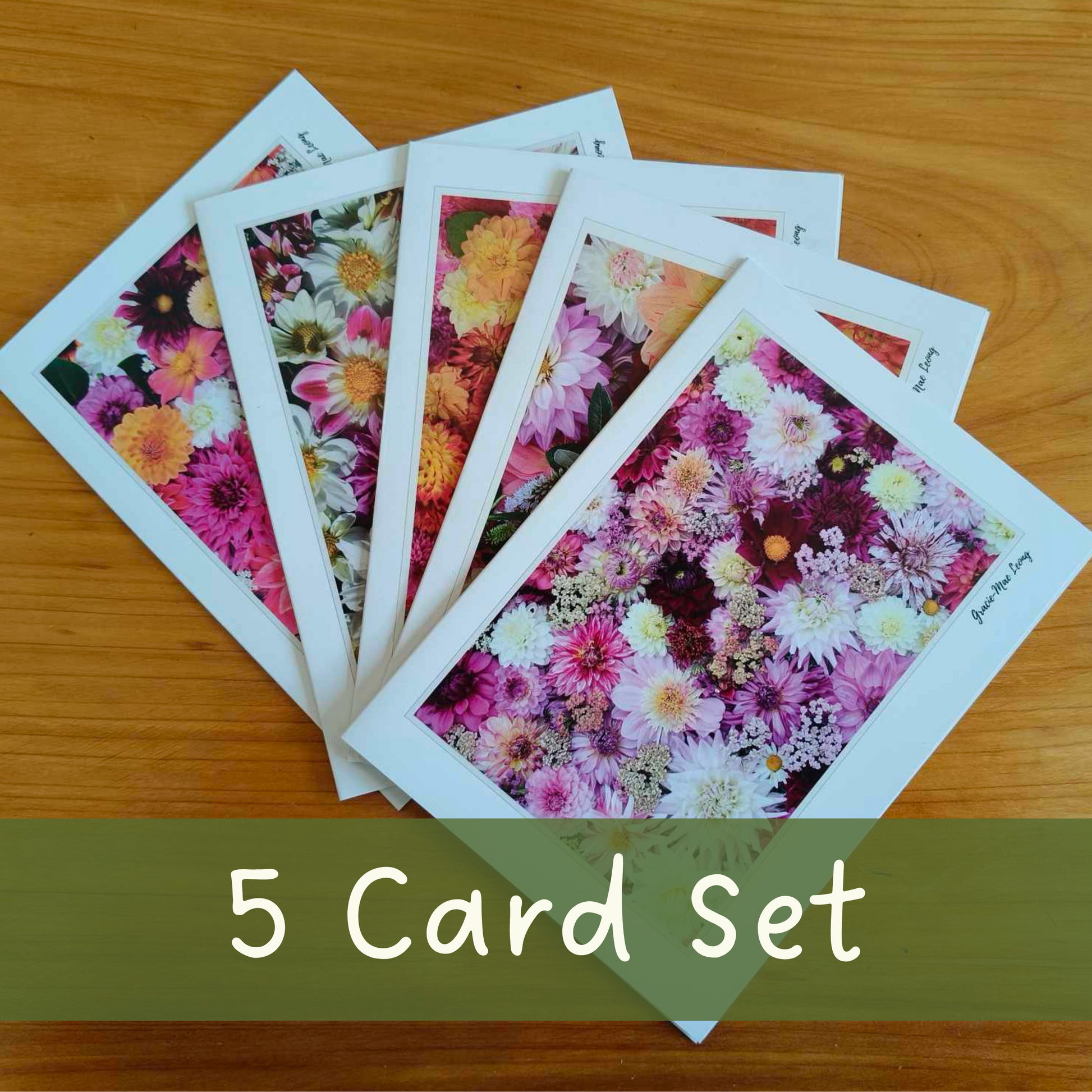 Set of five dahlia flatlay greeting cards featuring photography by Gracie-Mae – blank inside