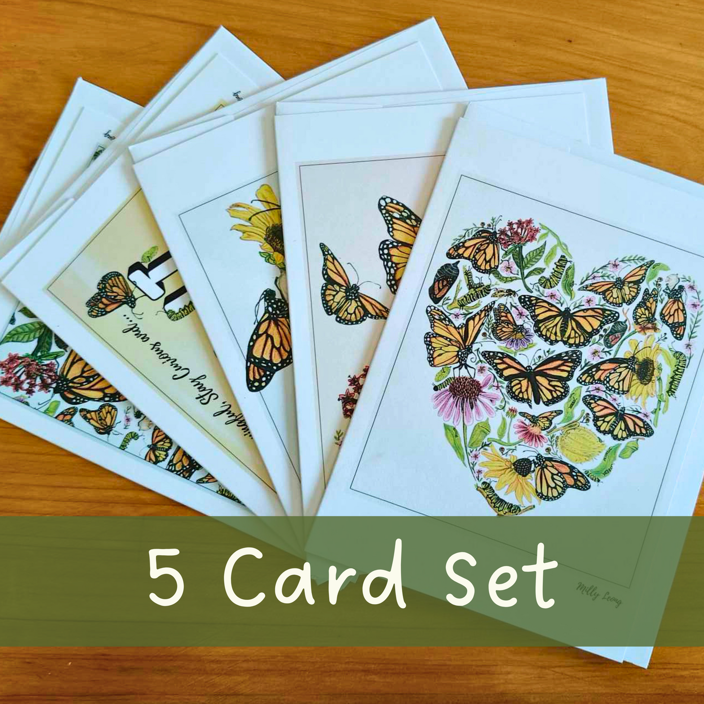 Set of five butterfly greeting cards featuring hand-drawn designs by Milly – blank inside