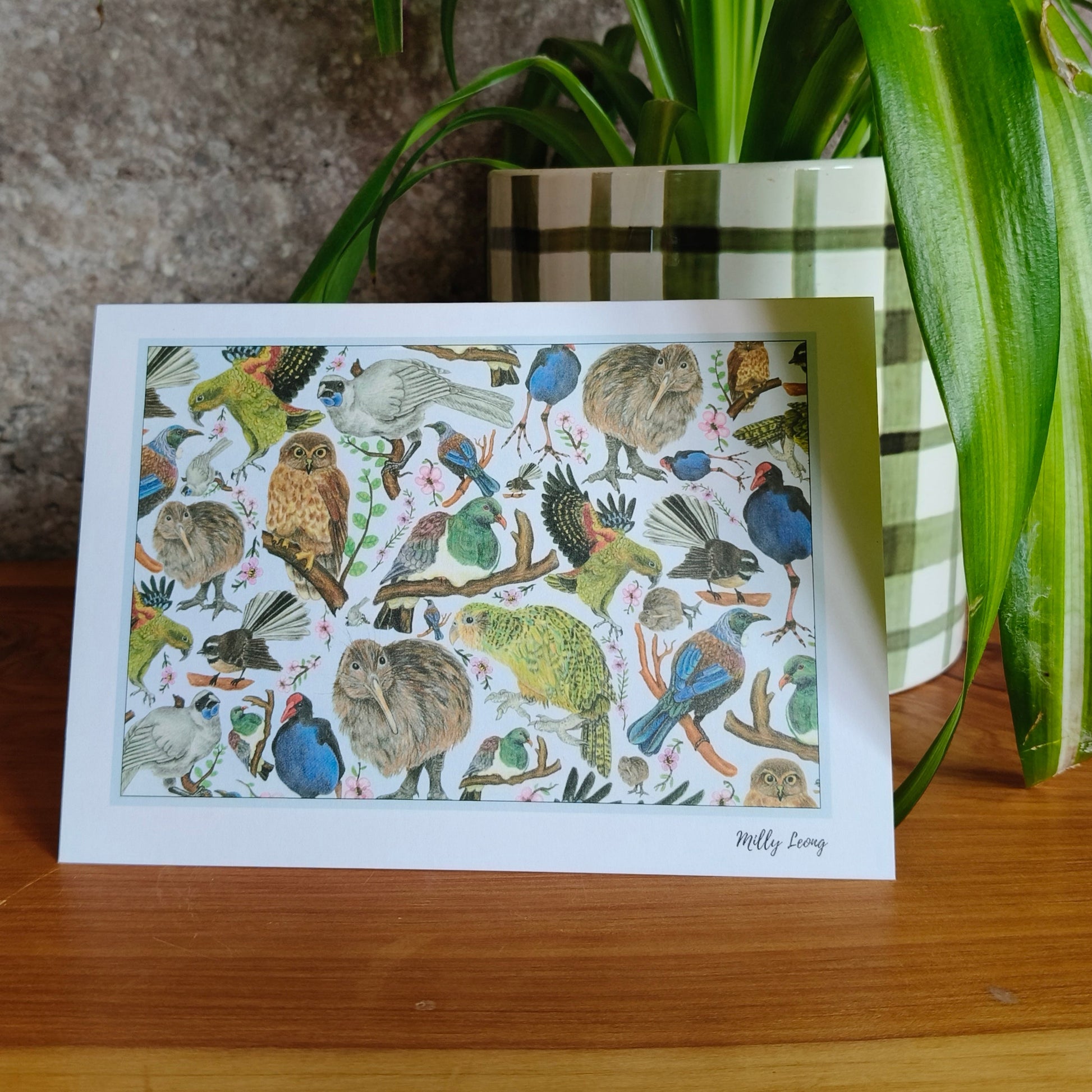 Hand-drawn NZ bird flatlay greeting card by Milly – blank inside