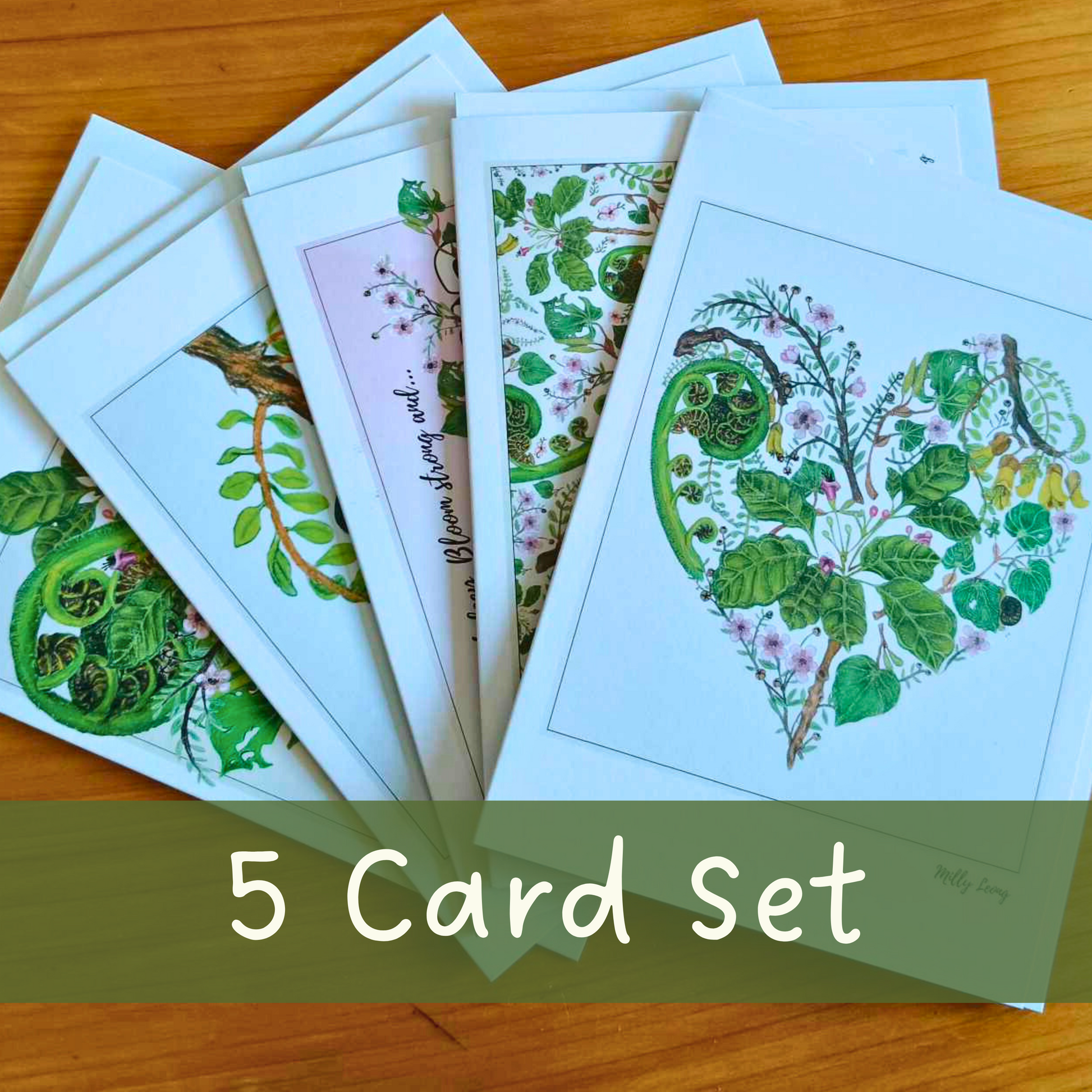 Set of five NZ flora greeting cards featuring hand-drawn designs by Milly – blank inside