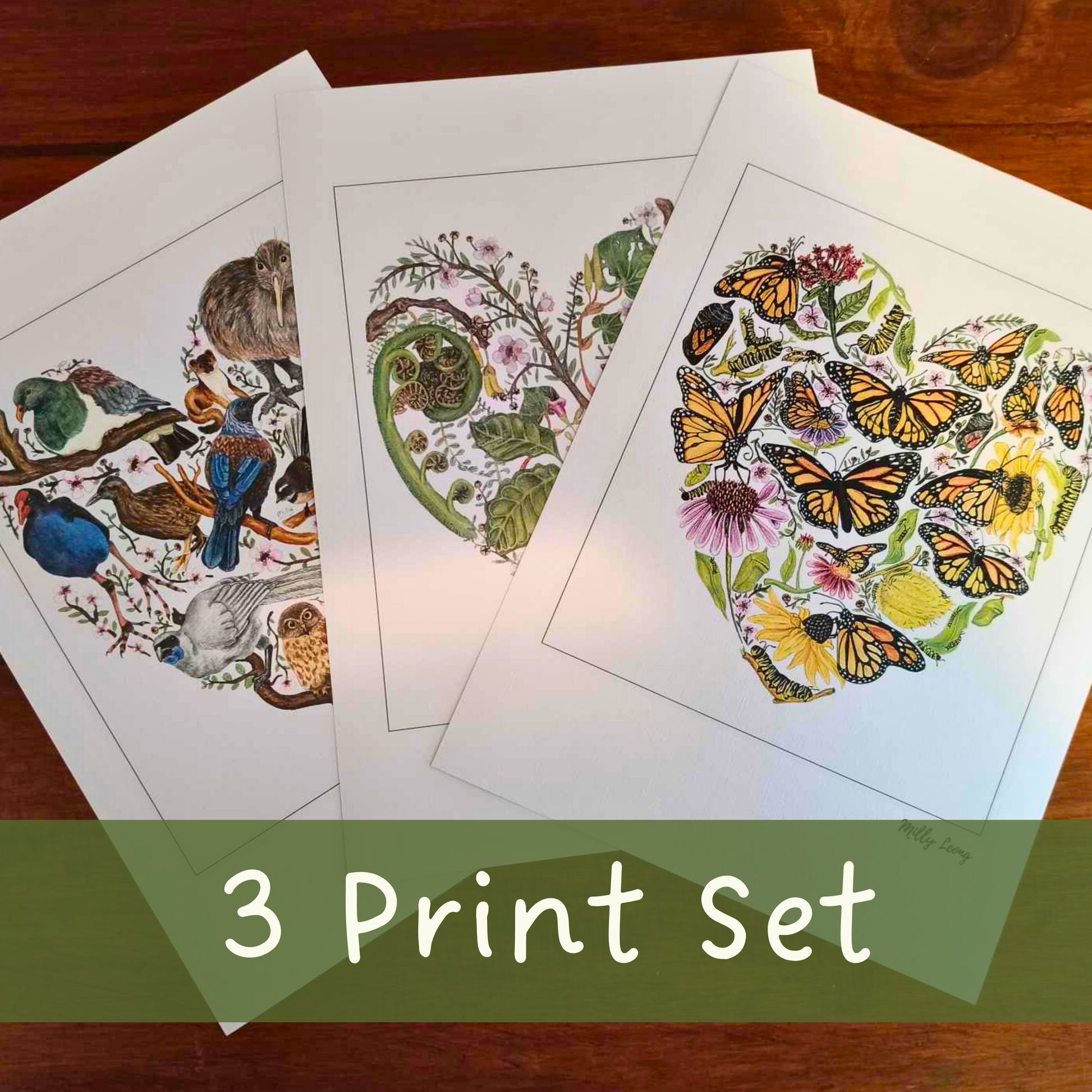 Nature Lovers art print set by Milly – includes NZ Flora Heart, NZ Bird Heart, Butterfly Heart